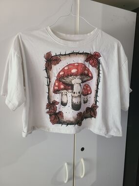 White Graphic Mushroom Crop Tee
